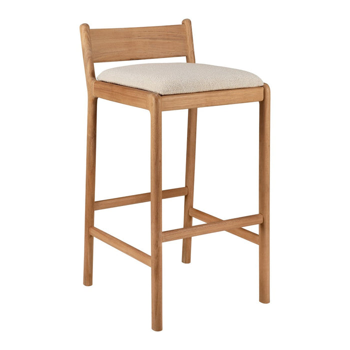 Natural wood bar stool with a beige upholstered seat, featuring a simple and modern design.