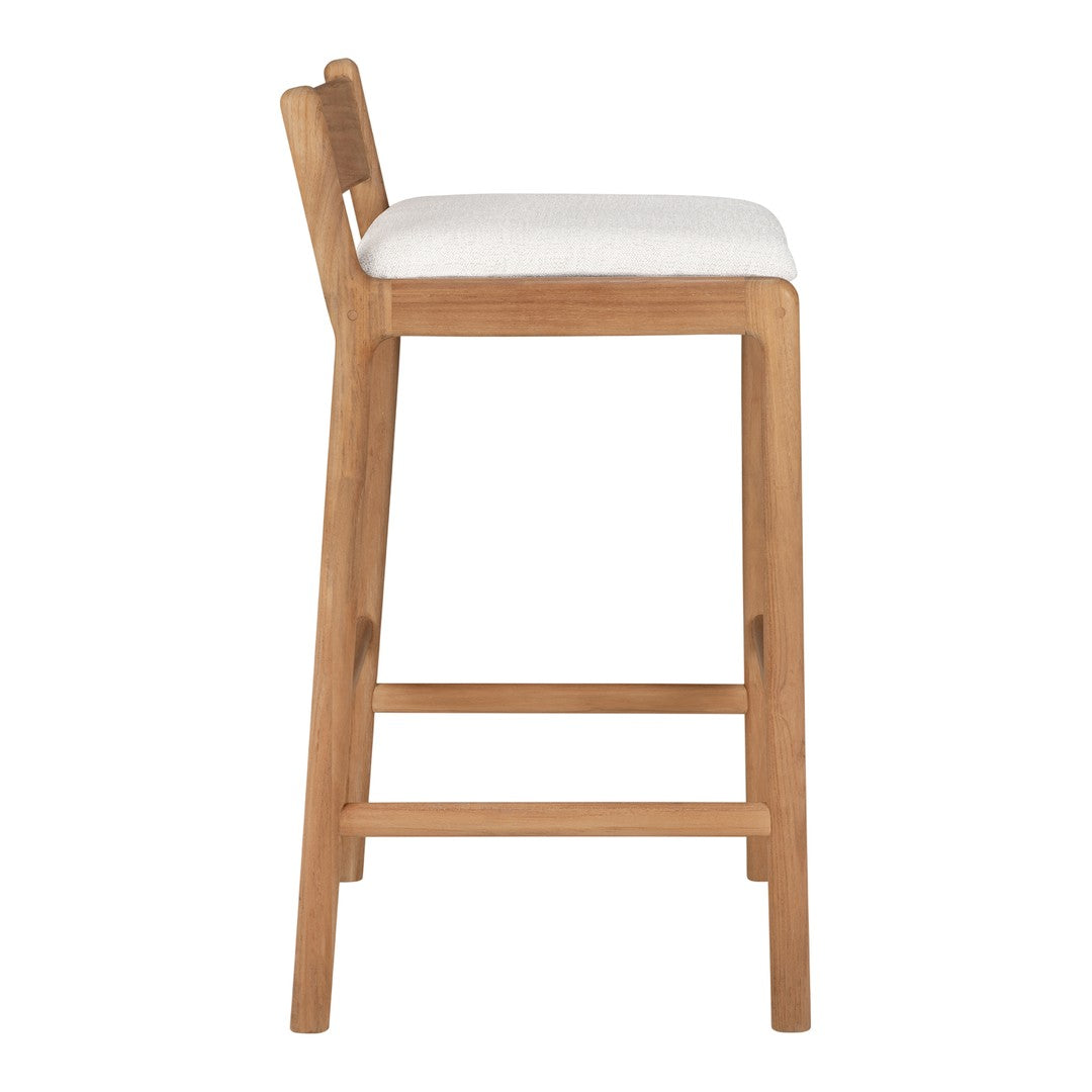 Light wood bar stool with a sleek natural finish and a soft white cushion seat. Elegant and modern design.