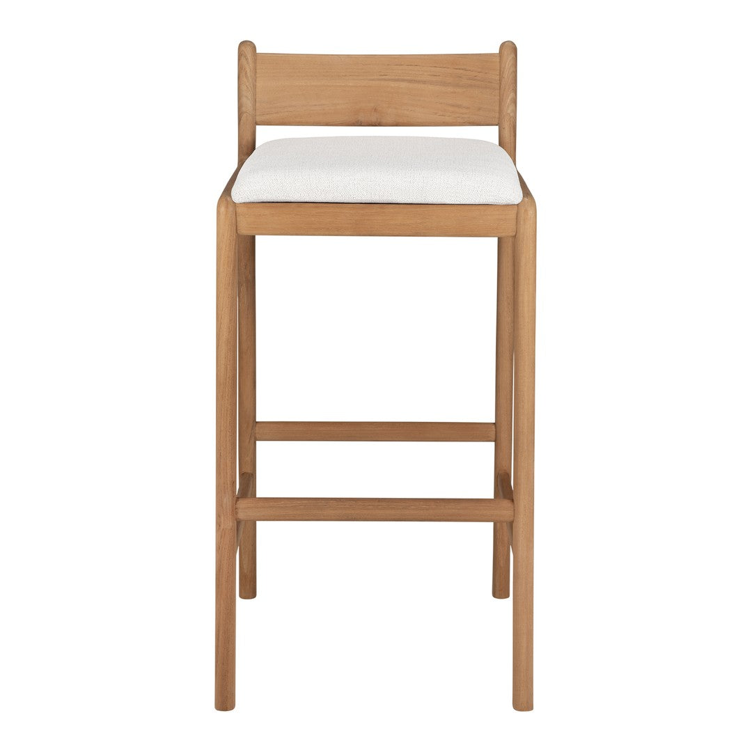 Natural wood bar stool with a light beige cushion, featuring a simple, clean design and minimalistic style.