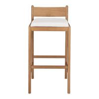 Natural wood bar stool with a light beige cushion, featuring a simple, clean design and minimalistic style.