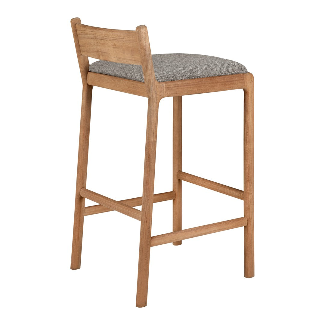 Natural wood bar stool with a smooth light oak finish and a gray fabric cushion for a modern look.