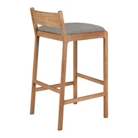 Natural wood bar stool with a smooth light oak finish and a gray fabric cushion for a modern look.