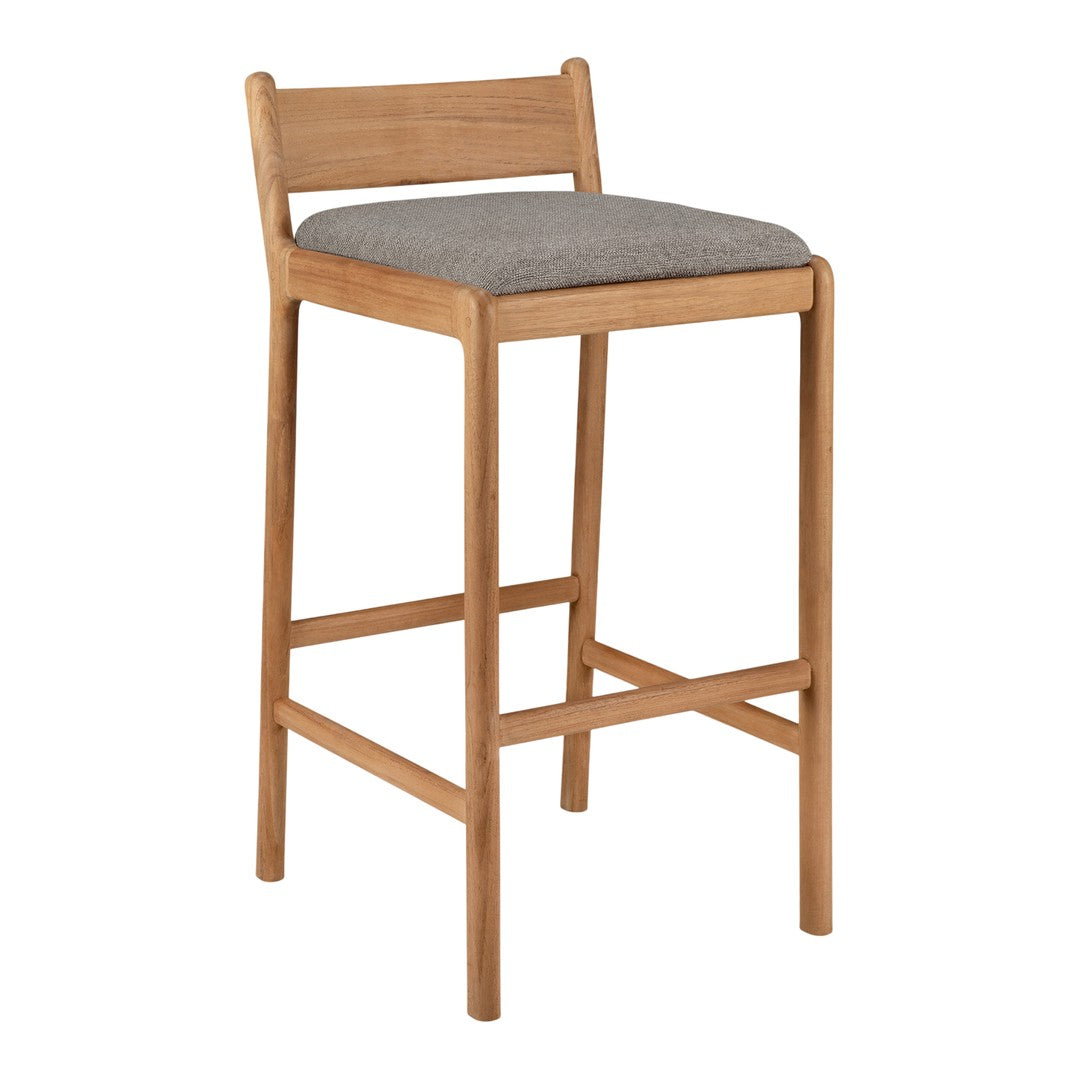 Light wood bar stool with a gray upholstered seat, featuring a simple and modern design.