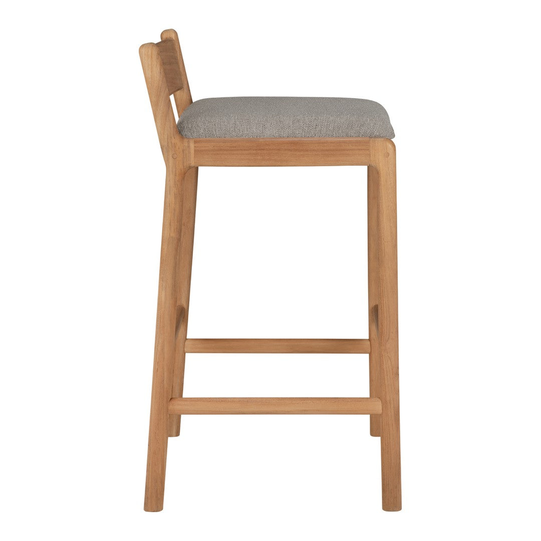 Natural wood bar stool with a light gray upholstered seat and minimalist design. Perfect for modern spaces.
