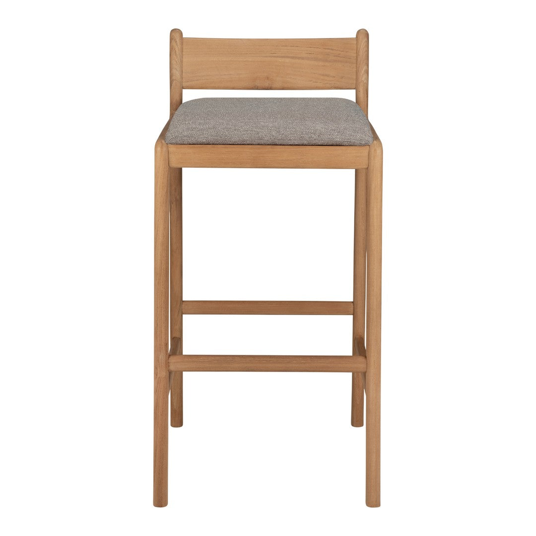 Light wood bar stool with a simple design and a soft grey upholstered seat. Ideal for modern interiors.