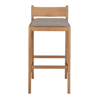 Light wood bar stool with a simple design and a soft grey upholstered seat. Ideal for modern interiors.