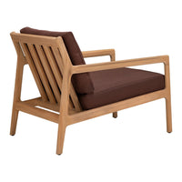 Light wooden frame with slatted design, complemented by a deep brown cushion for a modern contrast.