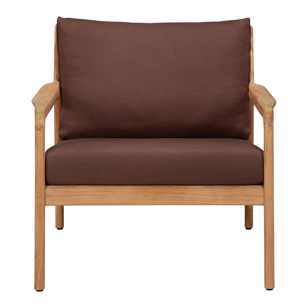 Brown upholstered chair with light wood frame, featuring a simple, modern design. Ideal for cozy seating.