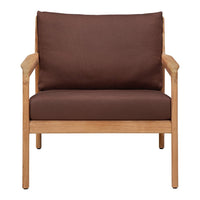 Brown upholstered chair with light wood frame, featuring a simple, modern design. Ideal for cozy seating.