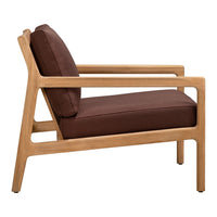 Brown cushioned chair with a light wood frame, featuring a modern, minimalist design and clean lines.