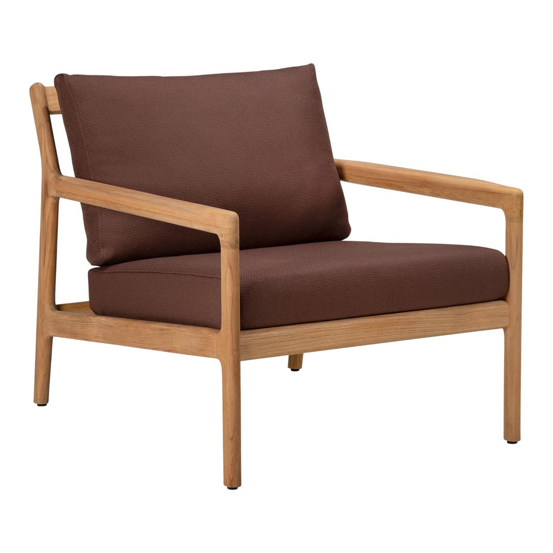 Brown cushioned chair with a light wood frame, featuring clean lines and a minimalist design. Perfect for modern decor.