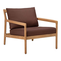 Brown cushioned chair with a light wood frame, featuring clean lines and a minimalist design. Perfect for modern decor.