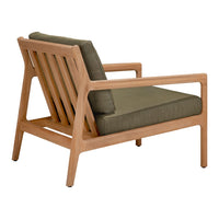 Light wooden framed lounge chair with a deep green fabric cushion, featuring a clean, modern design.