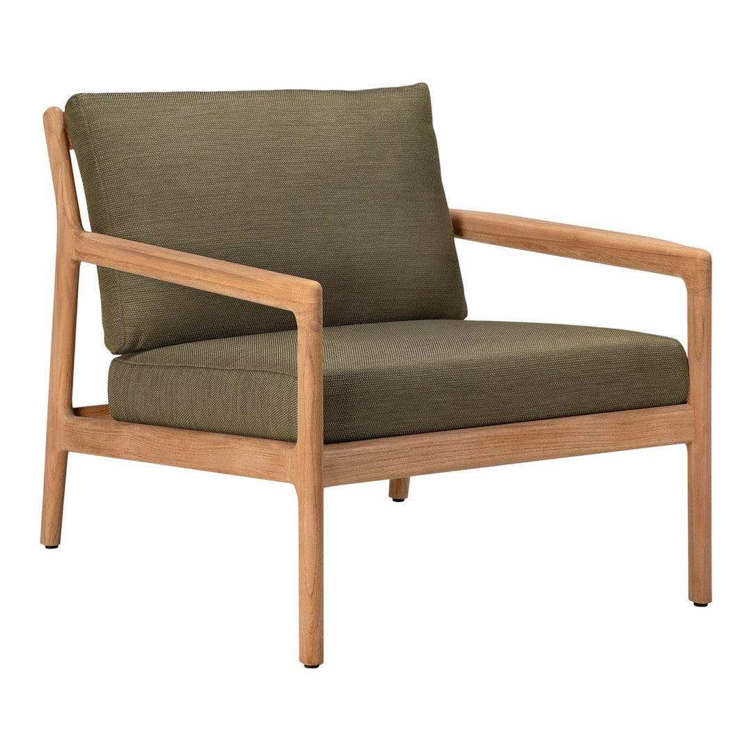 Olive green cushion on a natural wood frame, minimalist design with smooth lines. Perfect for modern decor.