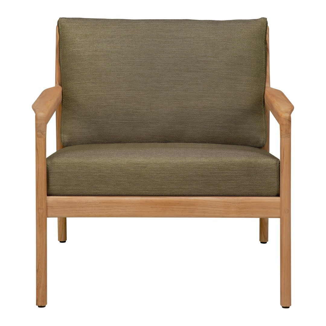 Olive green upholstered chair with light wood frame, featuring a simple, modern design and no visible patterns.
