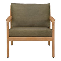 Olive green upholstered chair with light wood frame, featuring a simple, modern design and no visible patterns.