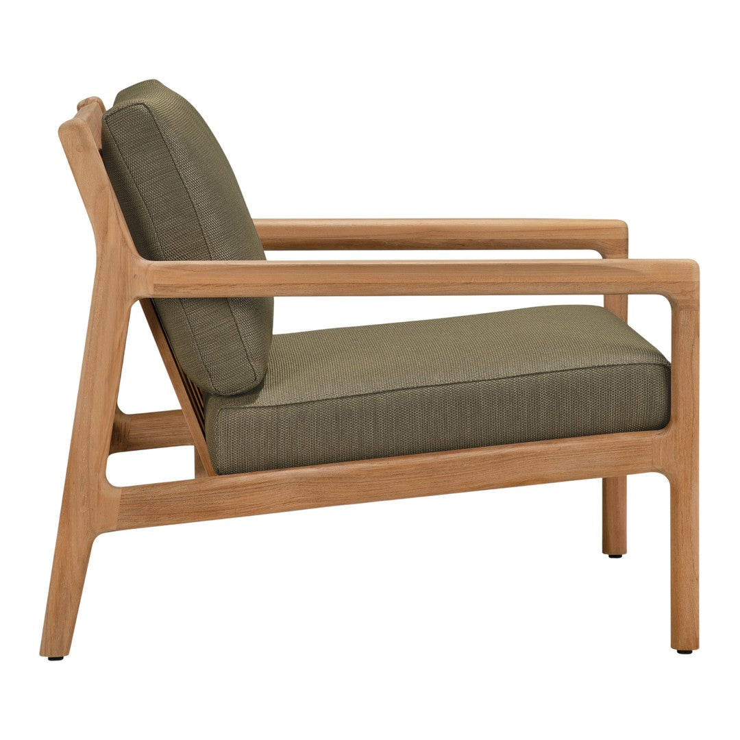 Olive green cushion with a light wood frame, featuring a minimalist design and clean lines. Ideal for modern spaces.