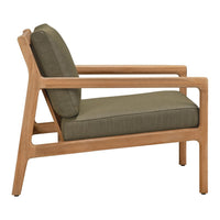 Olive green cushion with a light wood frame, featuring a minimalist design and clean lines. Ideal for modern spaces.