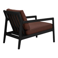 Modern lounge chair with a sleek black frame and rich brown cushions, featuring a minimalistic design.
