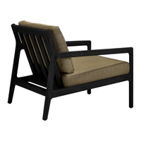 Black wooden armchair with a beige striped cushion, featuring clean lines and a modern design.