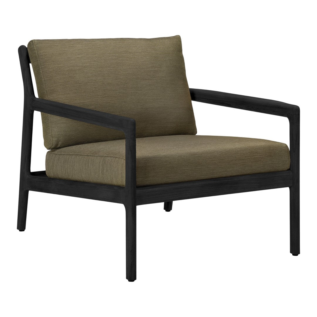 Olive green cushion with textured fabric on a sleek black frame, perfect for modern outdoor lounging.