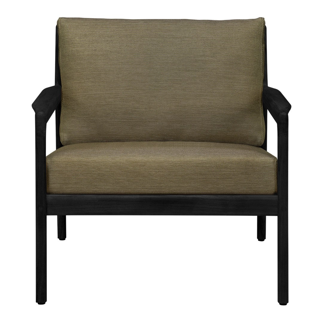 Olive green seat cushion on a black frame armchair, featuring a textured fabric pattern. Perfect for stylish seating.