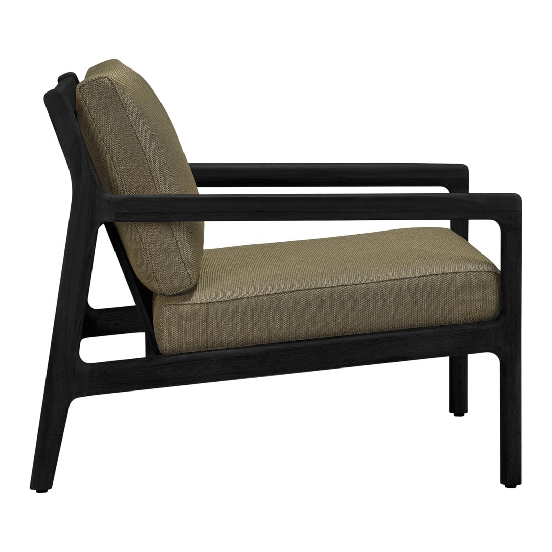 Modern black-framed armchair with a sleek design and earthy olive green cushions.