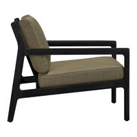 Modern black-framed armchair with a sleek design and earthy olive green cushions.