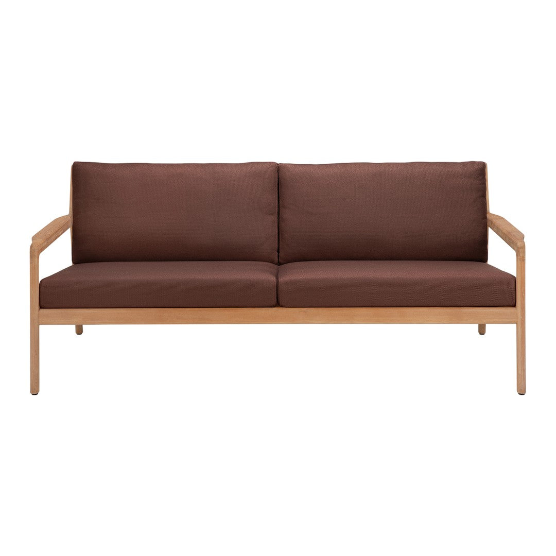 Brown fabric sofa with light wooden armrests, featuring a sleek, minimalist design. Perfect for modern interiors.