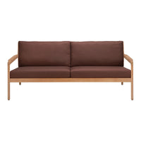 Brown fabric sofa with light wooden armrests, featuring a sleek, minimalist design. Perfect for modern interiors.