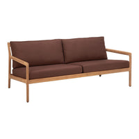 Brown fabric sofa with light wooden frame, simple and modern design, perfect for contemporary living spaces.