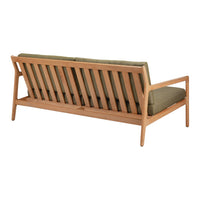 Natural wood finish with a slatted back and olive green cushions, perfect for modern or rustic decor.
