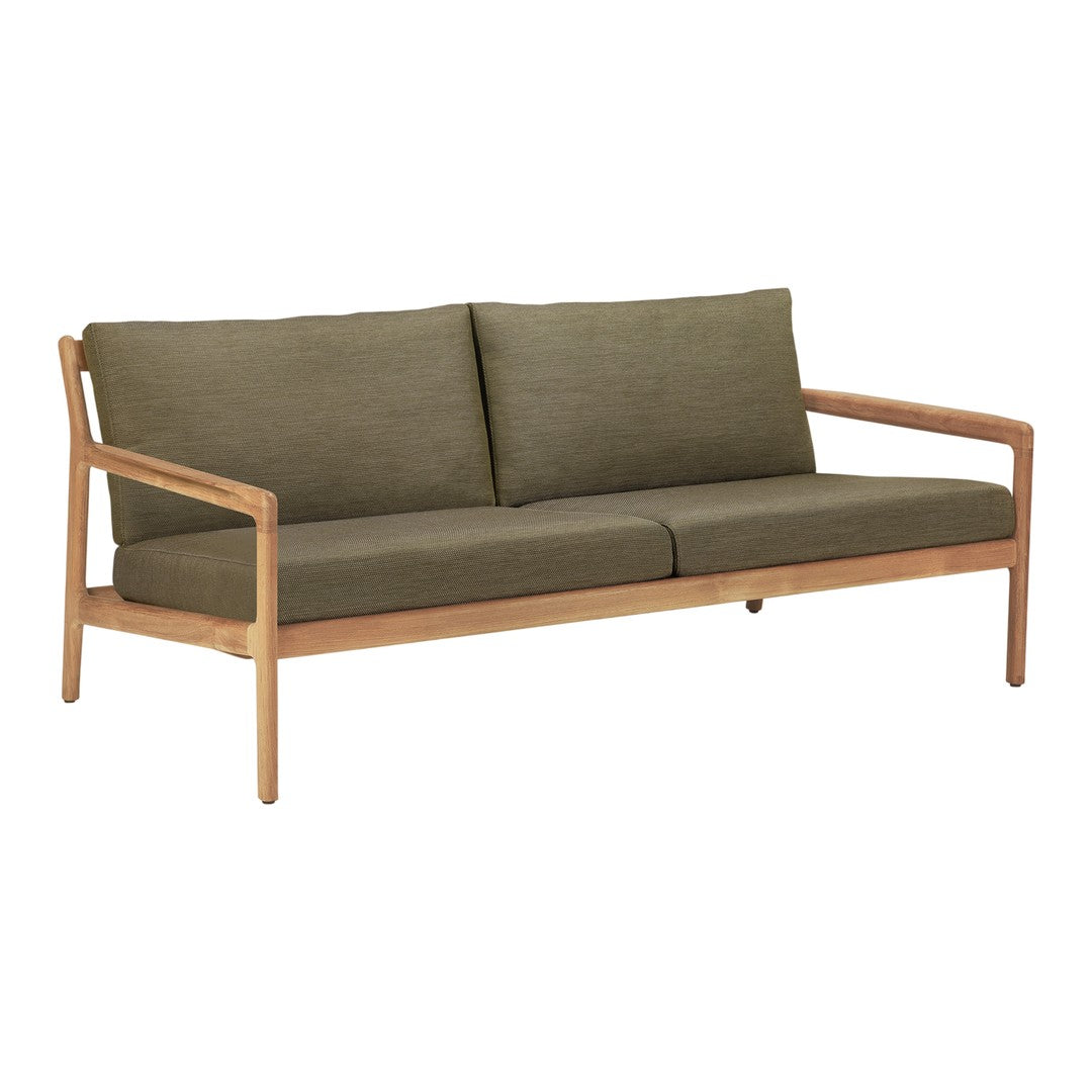 Olive green fabric sofa with a light wood frame, featuring a simple, modern design and no visible patterns.