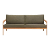 Olive green fabric sofa with light wood frame and simple, modern design. Ideal for contemporary living spaces.
