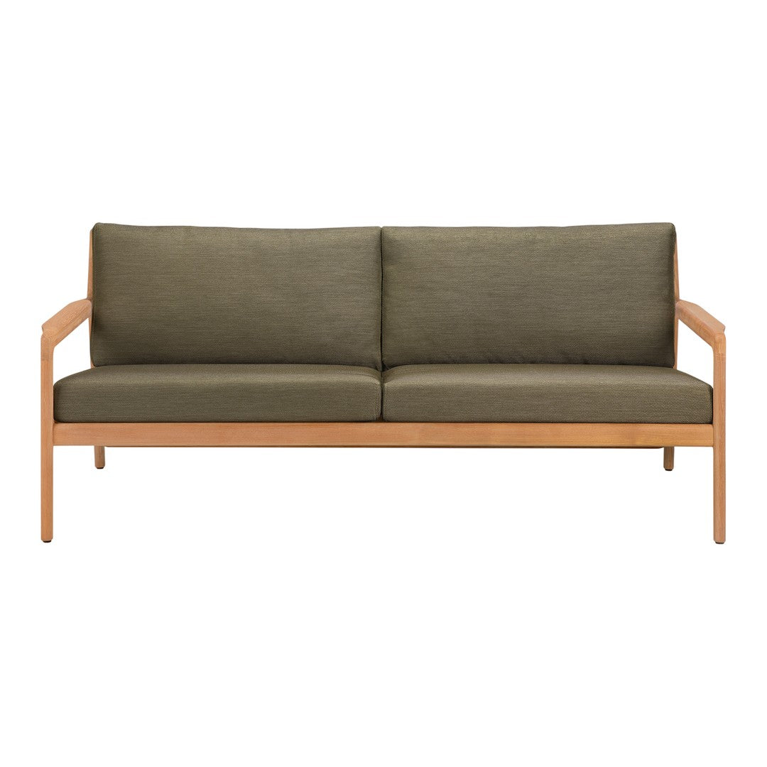 Olive green cushioned sofa with light wood frame, featuring a simple, modern design, perfect for contemporary spaces.