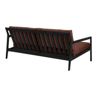 Brown cushioned sofa with a sleek black frame and slatted back design, perfect for modern outdoor decor.
