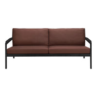 Brown cushioned sofa with a sleek black metal frame, perfect for modern living spaces.