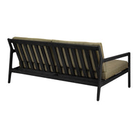 Black wooden frame sofa with tan cushions, featuring a slatted back design. Ideal for contemporary decor.