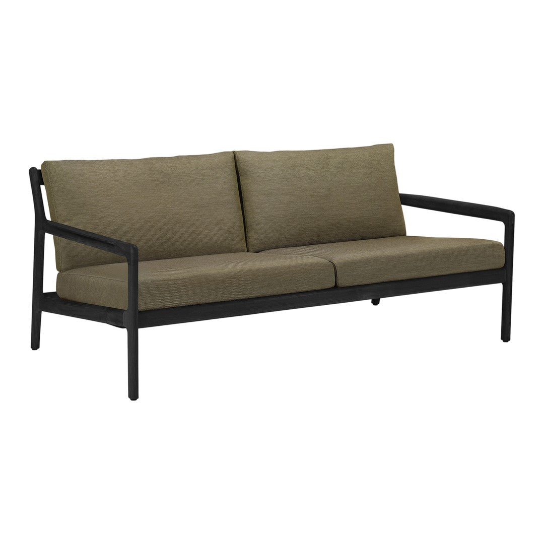 Olive green cushions on a sleek black metal frame, perfect for modern outdoor or indoor decor.