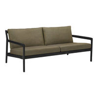Olive green cushions on a sleek black metal frame, perfect for modern outdoor or indoor decor.