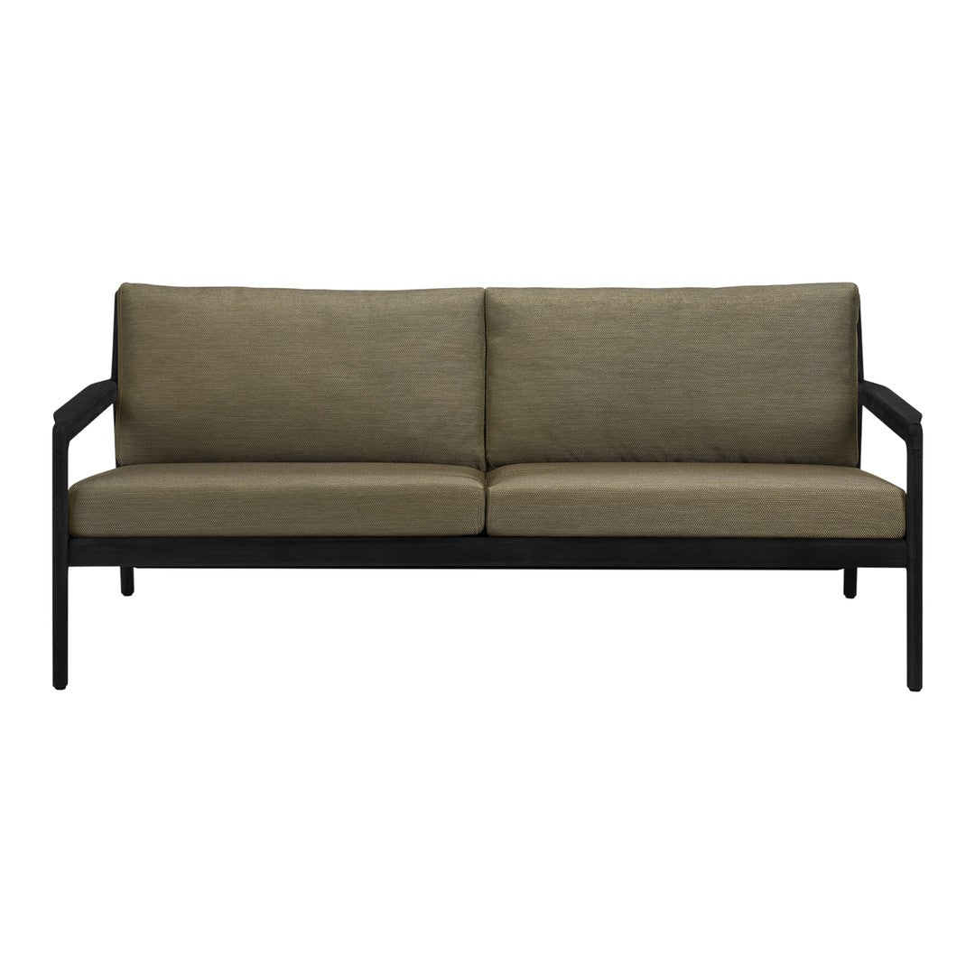 Olive green fabric cushions on a sleek black metal frame couch, perfect for modern decor.