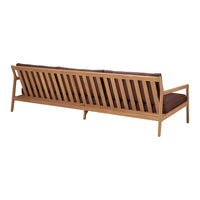 Natural wood sofa with brown cushions, featuring a sleek slatted back design and minimalist style.