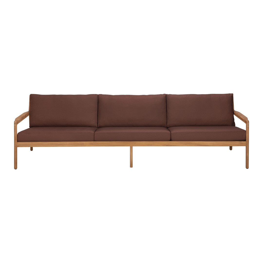 Brown upholstered sofa with a wooden frame, featuring a simple, modern design and clean lines.