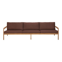 Brown upholstered sofa with a wooden frame, featuring a simple, modern design and clean lines.