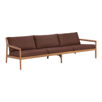 Brown cushioned sofa with a light wooden frame, featuring a sleek, modern design and solid color upholstery.