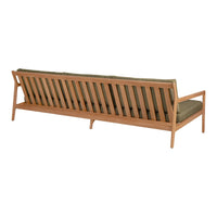 Mid-century modern sofa with a natural wood frame and olive green cushions. Simple slatted design adds elegance.