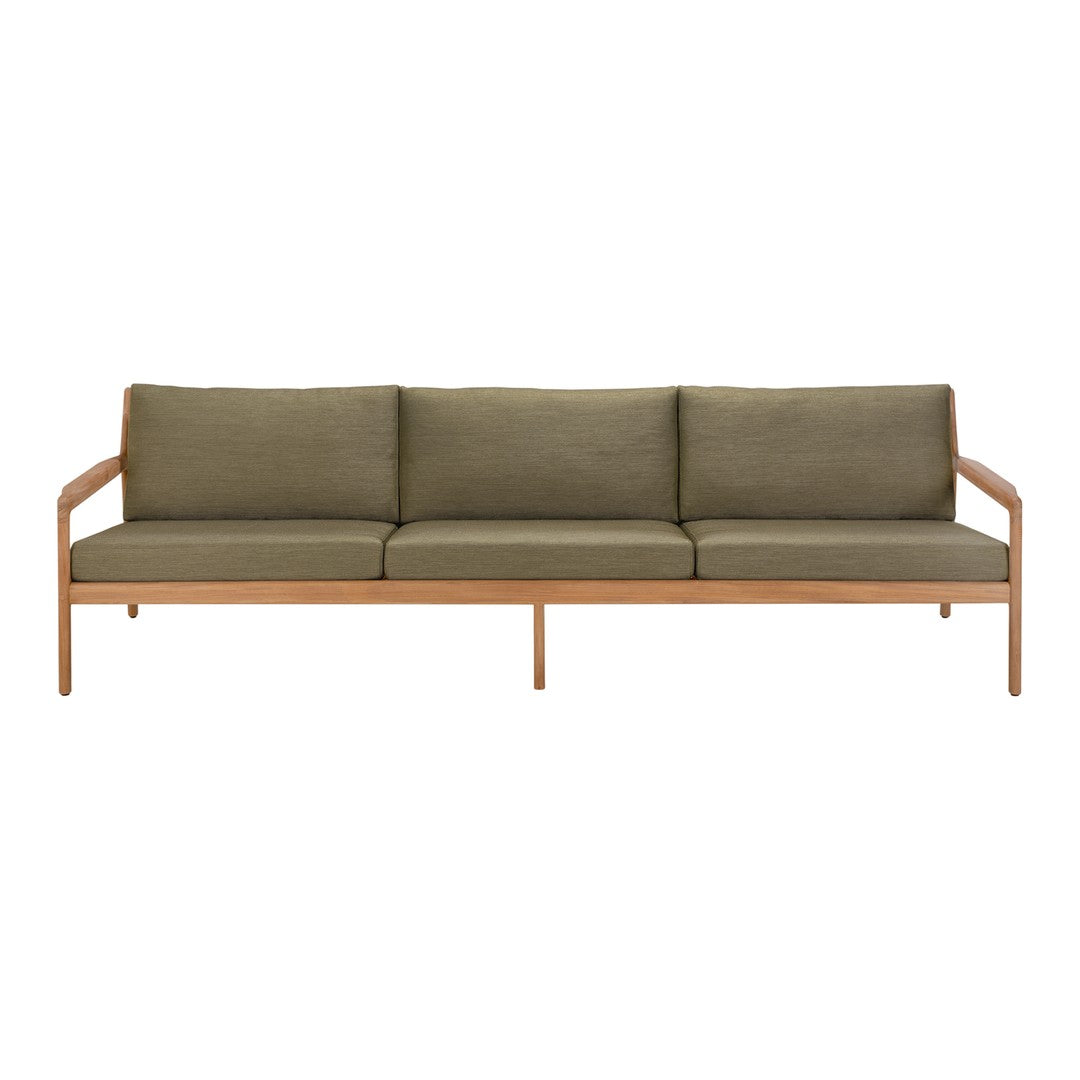 Sleek green three-seat sofa with wooden frame, featuring a minimalist design and solid color cushions.