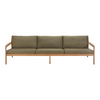 Sleek green three-seat sofa with wooden frame, featuring a minimalist design and solid color cushions.