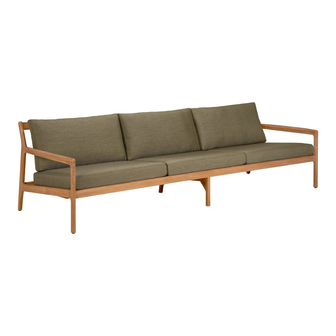 Olive green sofa with clean lines, natural wood frame, and plush cushions, perfect for modern living spaces.
