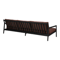 Back view of a stylish sofa featuring a black wooden frame and rich brown cushions with a slatted design.